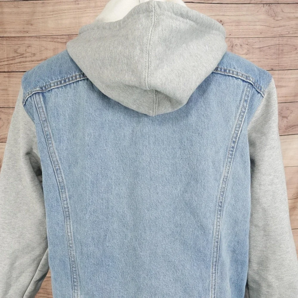 Levi's Jacket Mens L Blue Denim Hooded Varsity Relaxed Fit Button Front Sleeves
